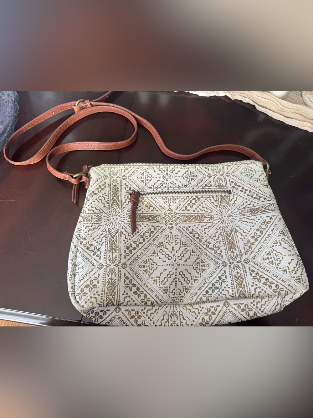 the Sak - Cream and Gold Crossbody Bag with Geometric Pattern